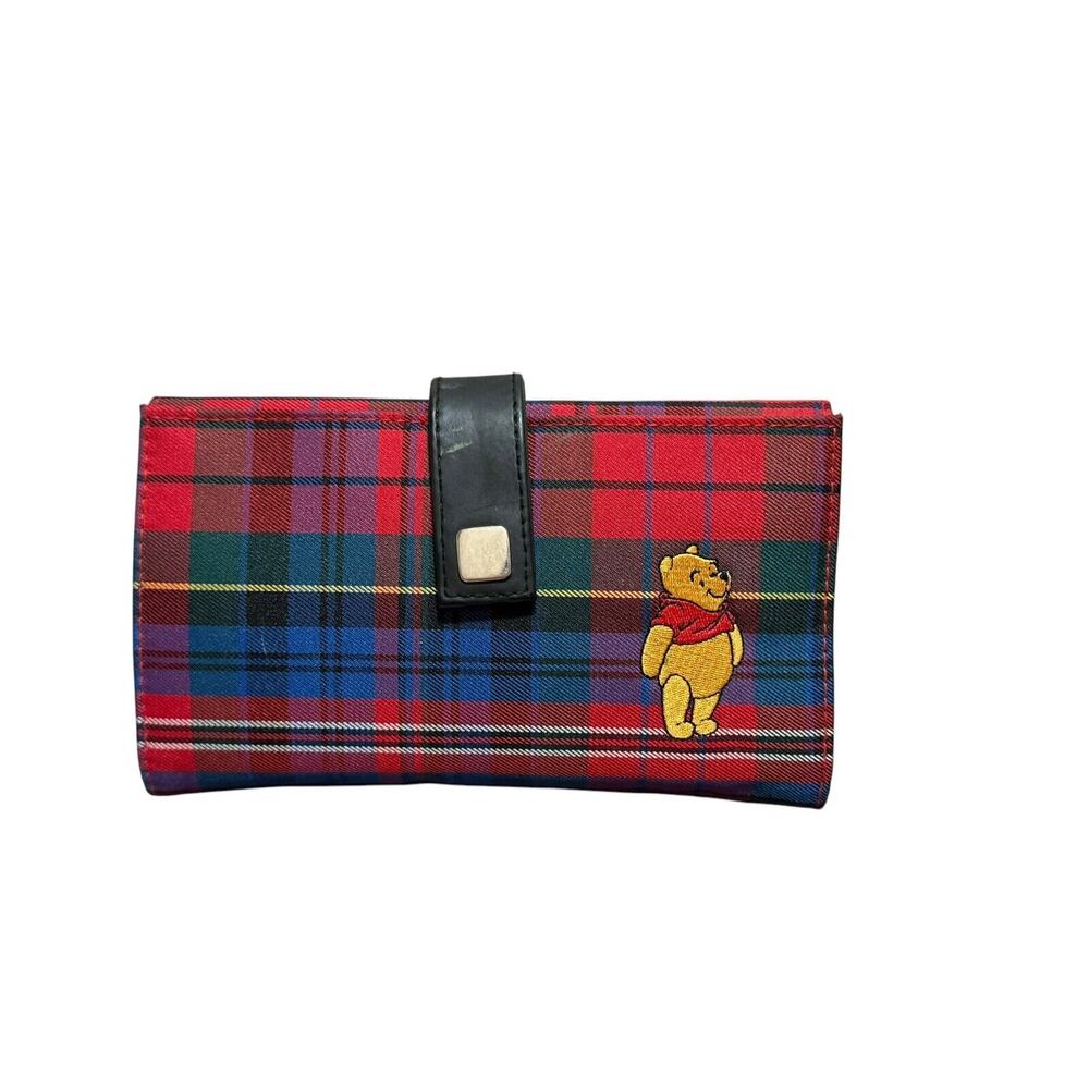 Vintage Disney Store Winnie The Pooh Trifold Wallet Red Blue Plaid Embroidered